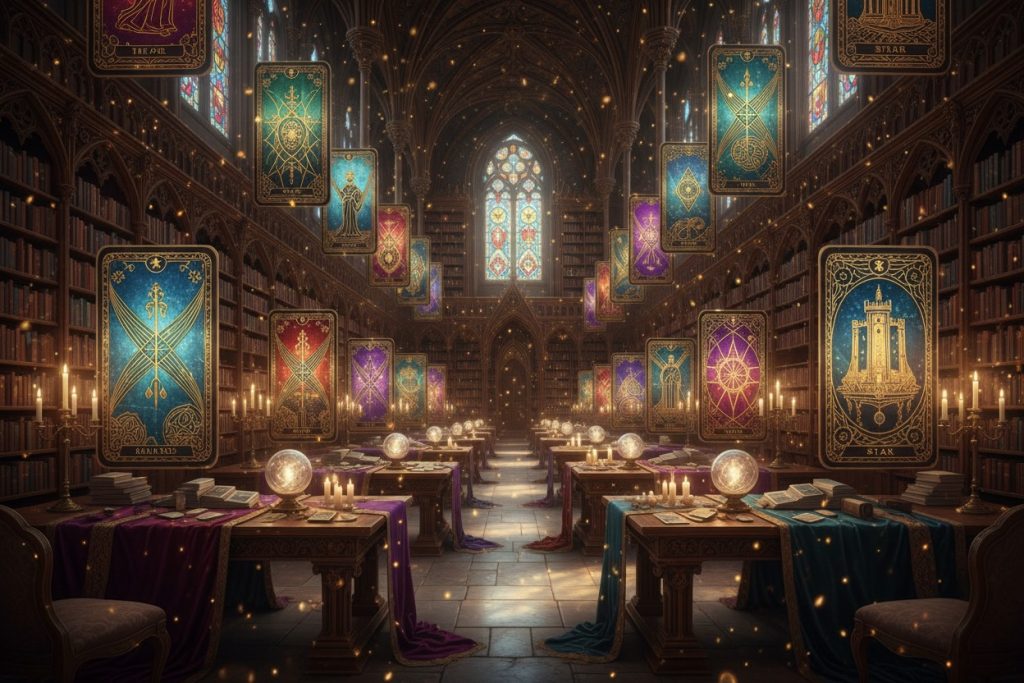 Ornate tarot cards float above wooden desks in a grand, candlelit library filled with bookshelves and stained-glass windows.