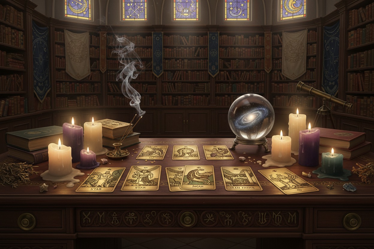 A wooden desk in a library is set with tarot cards, lit candles, a smoking incense burner, and a crystal ball containing a galaxy.